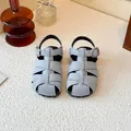 Stylish vintage woven closed-toe children's Roman sandals in light blue suede finish - Blue