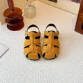 Retro mustard yellow children's woven closed-toe Roman sandals for summer beach wear - Yellow