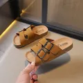 Classic boys' brown faux suede cork sandals with double buckle straps for summer beach wear - 26 / Brown