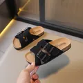 Children's black double buckle cork sandals featuring breathable soft soles for summer - 26 / Black