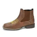 Classic mens brown faux leather Chelsea boots featuring unique yellow embroidery pattern - 40 / Brown