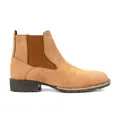 Heren Chelsea boots van bruin suède met geel borduursel en elastische zijpanelen - camel