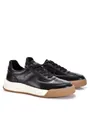 Detailed side view of black men's casual leather sneakers with a thick white gum sole - 38 / Black