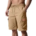 Detailed view of khaki men's cargo shorts with elastic drawstring waist and side pockets - S / Bottoms / Khaki