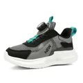 Breathable mesh boys' running shoe in grey and black with teal accents and rotary buckle - 28 / Black and Gray