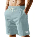 Dettaglio di pantaloncini di velluto a coste azzurri da uomo con coulisse e tasche laterali. - Taglia S / Pantaloni e gonne / Azzurro