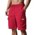 Detailed view of red men's cargo shorts with drawstring waist and side pocket. - S / Bottoms / Red
