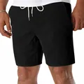 Close-up view of men's vintage black corduroy casual shorts featuring a drawstring waist. - S / Bottoms / Black