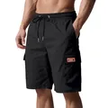 Detail of men's black cargo shorts featuring drawstring waist and functional side pockets. - S / Bottoms / Black