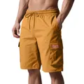Men's mustard yellow casual cargo shorts with drawstring waist and side flap pockets. - S / Bottoms / Turmeric