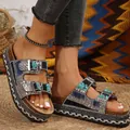 Sandali con zeppa etnici boho con strass turchesi e cinturini a doppia fibbia - Nero