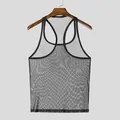 Detailed view of the breathable black mesh fabric on a sheer men's athletic tank top - L / Tops / Black