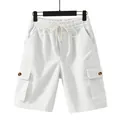 Men's loose white corduroy cargo shorts with drawstring and side pockets for summer - White