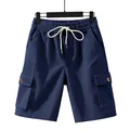 Men's loose blue corduroy cargo shorts with drawstring waist for casual summer outdoor wear - Navy Blue