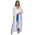 Full body view showing the elegant flow and sheer texture of the long white chiffon cardigan - S / Robe / White
