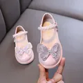 Pink girl's princess shoes with rhinestone butterfly and pearl strap - 21 / Pink