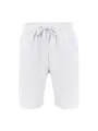 Front view detail of white men's casual linen shorts with drawstring waist. - White
