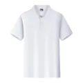 Front view detail of a plain white breathable short-sleeved cotton polo shirt for men - White