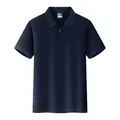 High-quality detailed front view of a classic dark blue short-sleeved polo shirt for men - Navy Blue