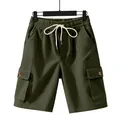 Loose fit olive green heavy corduroy cargo shorts with white drawstring for men's summer - Army Green