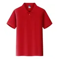 Close-up front view of a classic red short-sleeved polo shirt with button collar detail - Red