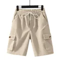 Beige men's loose fit corduroy cargo shorts with drawstring waist and pockets - Apricot