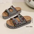 Black platform sandals decorated with colorful beads and rhinestones, double buckles. - 36 / Black