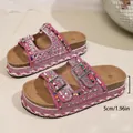 Stylish pink platform slide sandals with colorful rhinestone and bead straps, 5cm heel - 36 / Pink