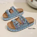 Light blue rhinestone and beaded platform cork sandals with double buckles for women - 36 / Light Blue