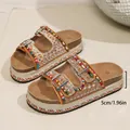 Bohemian platform slide sandals featuring rhinestones, colorful beads and double buckles - Gold