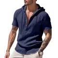 Men's navy blue short sleeve hooded Henley shirt with breathable linen texture - S / Tops / Navy Blue