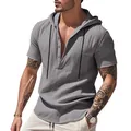 Detail view of men's grey short sleeve hooded Henley shirt with pocket and linen texture - S / Tops / Gray