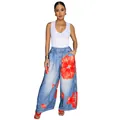 Close-up detail of casual wide-leg denim-style pants featuring bold red floral print - S / Bottoms / Blue Red Floral Print