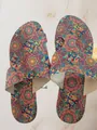 Ethnic flat toe-post sandals for women featuring colorful mandala and geometric prints - Red Grid