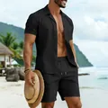 Herren Sommerurlaub-Set mit schwarzem Kurzarmhemd und passenden Shorts für Freizeit - S / Oberteil Und Unterteil / Schwarz