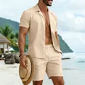 Klassisches beiges Kurzarmhemd und Shorts Set für Herren, ideal für den Strandurlaub - S / Oberteil Und Unterteil / Khaki
