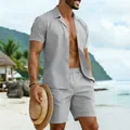 Lässiges graues Kurzarmhemd und Shorts Set für Herren im Sommerurlaub am Strand - S / Oberteil Und Unterteil / Mittelgrau