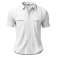 Detailed front view of white short-sleeve linen shirt with two buttoned chest pockets - S / Tops / White