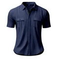 Detailed front view of navy blue men's short sleeve linen shirt with dual pockets - Navy Blue