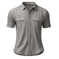 Close-up detail view of a grey men's short-sleeved linen shirt with chest pockets - Gray