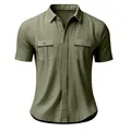 Detail view of olive green men's linen short sleeve shirt with chest pockets and texture - S / Tops / Army Green