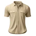 Front detail of men's short sleeve linen shirt in khaki with double chest pockets. - S / Tops / Light Khaki