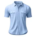 Detail of light blue short sleeve linen shirt with dual chest pockets and texture. - Light Blue