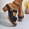 Detailed macro view of black laser-cut mule sandals featuring floral decor and chunky heel - 36 / 3D Floral Laser Cut Chunky Heel Style / Black