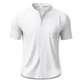 Vista detallada frontal de camisa de lino blanco con cuello mao y bolsillo de pecho - Blanco