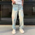 Streetwear style graffiti print loose light blue straight leg denim jeans for men - 28 / Bottoms / Light Blue