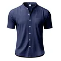 Vista de detalle de una camisa de lino de manga corta azul marino con cuello mandarín - Azul Marino