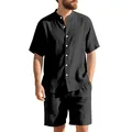 Dettaglio completo del set estivo 2 pezzi in lino nero da uomo con camicia Henley - Taglia S / Top E Pantaloni / Nero