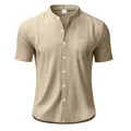 Detalle de camisa de lino para hombre en color caqui de manga corta y cuello mao - Caqui Claro