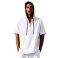 Men's casual white linen hooded Henley shirt with short sleeves and chest pocket - S / Tops / White
